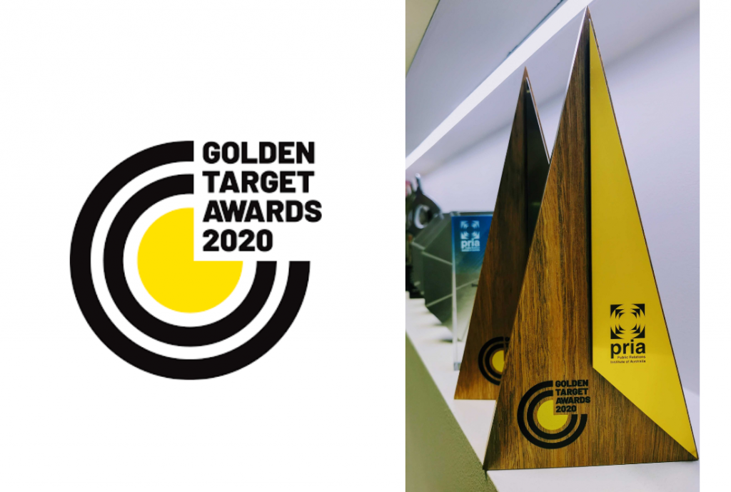 A PRIA Golden target Award logo next to two PRIA awards